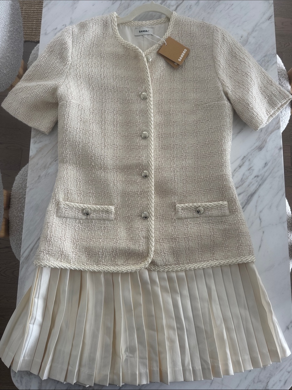 Sandro Ivory Tweed Short-Sleeve Jacket